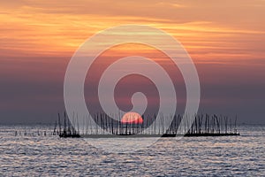 Oyster farm in the sea and beautiful sky sunset background , sun and clouds Landscape nature ,seascape at chonburi  province