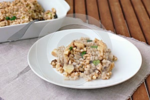 Oyster mushroom with barley grouts and spring onion on the plate