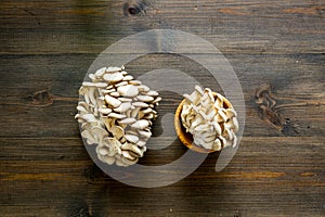 Oyster mushroom. Fresh raw veshenka on dark wooden background top view space for text