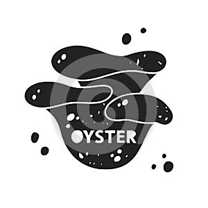 Oyster mushroom grunge sticker. Black texture silhouette with lettering inside. Imitation of stamp, print with scuffs