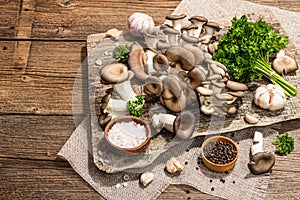 Oyster mushrooms ready for cooking. Fresh parsley, spices, garlic. Trendy hard light, dark shadows