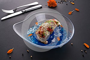Oyster tartare. Fish delicacy on blue ice. Beautiful serving of seafood on a black background