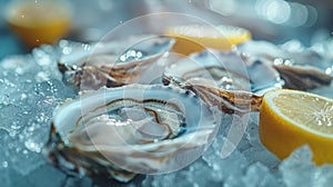 Oysters on Ice With Lemon Slices and Water Droplets