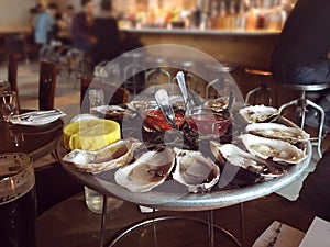 Oysters on ice plate served with lemon and sauce in the oyster bar.