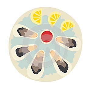 Oysters and lemon on plate vector illustration