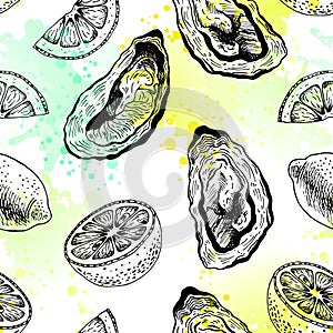 Oysters with lemon seamless pattern