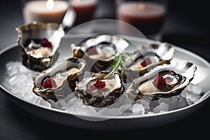 Oysters served with caviar in a luxury restaurant, closeup. Generative AI