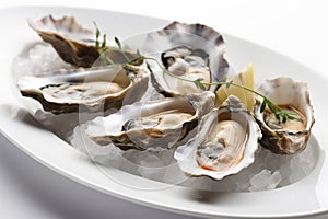 Oysters served on the oval minimalistic plate in a luxury restaurant, closeup. Generative AI