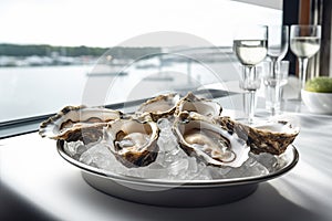 Oysters served with wine in a luxury restaurant with sea view, closeup. Generative AI