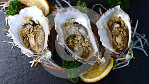 Oysters in Shell Cooked with Garlic on Black Slate Textured Background, Seafood