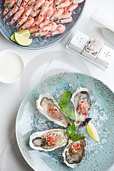 oysters and shrimp plate on the table