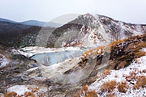 Oyunuma pond - a sulfurous pond with a surface temperature of 50 degrees Celsius. This pond is nearby to Noboribetsu hot spring, J