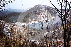 Oyunuma pond - a sulfurous pond with a surface temperature of 50 degrees Celsius. This pond is nearby to Noboribetsu hot spring, J