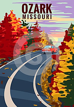 Ozark Missouri travel vintage poster, autumn road, car. Retro illustration