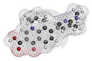 Ozenoxacin antibiotic drug molecule, used in treatment of impetigo. 3D rendering. Atoms are represented as spheres with.