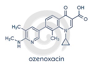 Ozenoxacin antibiotic drug molecule, used in treatment of impetigo. Skeletal formula.