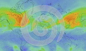 Ozone World map from satellite in 2020 , climate change  during corona virus pandemic outbreak