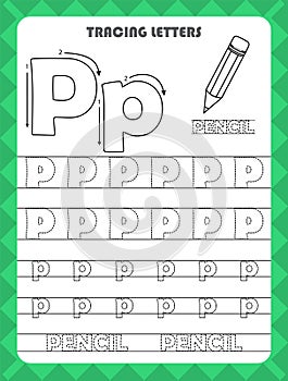 Trace letters of English alphabet and fill colors Uppercase and lowercase P. Handwriting practice for preschool kids worksheet.