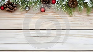 Christmas background with fir tree branches, pine cones and red baubles decorated on wooden board