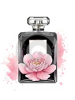 Perfume bottle with pink peony flower on watercolor splashes background