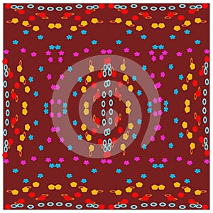 Vibrant symmetrical abstract pattern on maroon canvas.