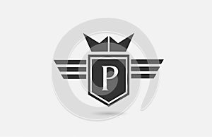 P alphabet letter logo icon for company in black and white. Creative badge design with king crown wings and shield for business