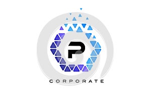 P Blue Hexagon Letter Logo with Triangles.
