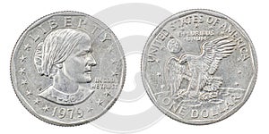 1979 P FG Susan B. Anthony Dollar front and back side. First circulating US coin to feature a woman, produced 79-81 and 99. photo