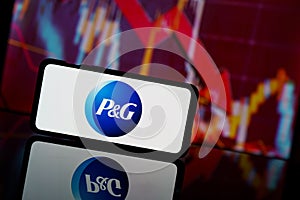 P and G company shares go down at stock market. Procter Gamble company financial crisis and failure. Economy collapse