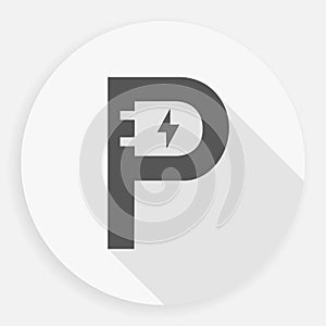 P letter with electric plug icon.