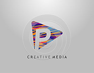 P Letter Logo. Colorful Pop Art Strip on PLay Icon Perfect for Cinema, Movie, Music,Video Streaming Concept