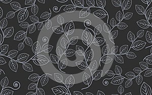 line art floral seamless pattern vintage black white leaf texture retro vector