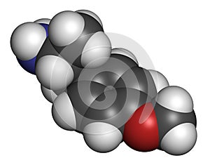 p-methoxyamphetamine (PMA) hallucinogenic drug molecule. Frequently leads to lethal poisoning when mistaken for MDMA (XTC, ecstasy