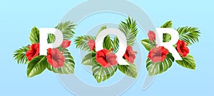 P Q R letters surrounded by summer tropical leaves and red hibiscus flowers. Tropical font for summer decoration. Vector photo