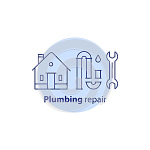 P-trap clog cleaning, change pipes, house plumbing services, dismantle tubes, sewer repair, canalization maintenance, vector icon