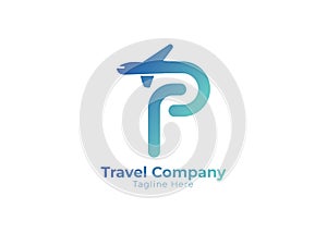 P Travel logo with plane gradient color Template, p Transportation logo Template