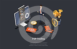 P2P, Peer to Peer Online Platform For Exchanging Cryptocurrency, Financial Technology Concept. Businessman Serarching