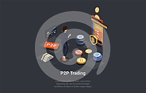 P2P, Peer to Peer Online Platform For Exchanging Cryptocurrency, Financial Technology Concept. Woman Enter Into Deposit
