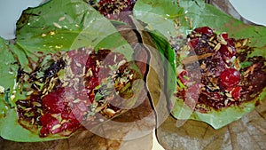 Paan, also spelled pan, also called betel quid, an Indian after-dinner treat that consists of a betel leaf