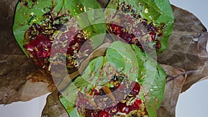 Paan, also spelled pan, also called betel quid, an Indian after-dinner treat that consists of a betel leaf