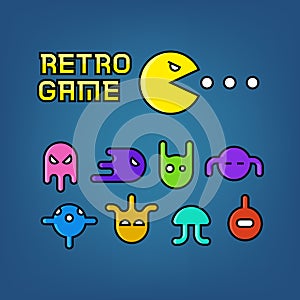Pac man and ghosts for arcade computer game vector set