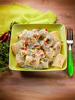 Paccheri carrot capers and hot chili pepper