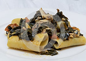 Paccheri with fresh anchovies, black cabbage and cherry tomatoes.