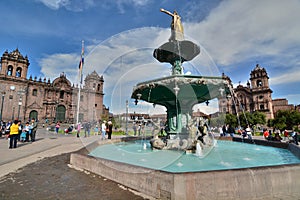 Pachacuti statue fountain. Plaza de Armas. Cusco. Peru
