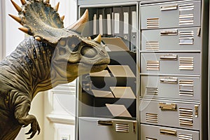pachycephalosaurus arranging files in a filing cabinet