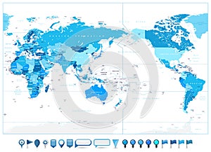 Pacific Centered World Map In Colors of Blue and glossy map icons