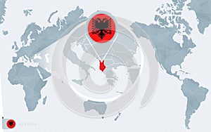 Pacific Centered World map with magnified Albania. Flag and map of Albania