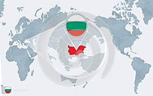 Pacific Centered World map with magnified Bulgaria. Flag and map of Bulgaria