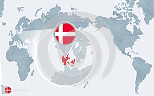 Pacific Centered World map with magnified Denmark. Flag and map of Denmark