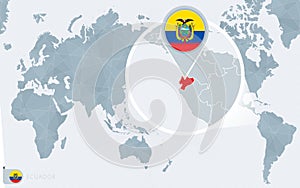 Pacific Centered World map with magnified Ecuador. Flag and map of Ecuador